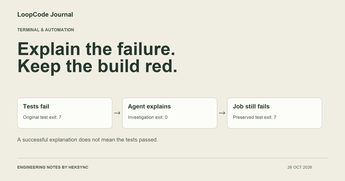 A failed test result branching to an AI explanation while the original failing CI status remains unchanged